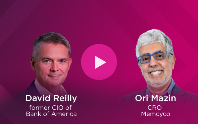 A headshot of David Reilly, former CIO of Bank of America, and Ori Mazin, CRO of Memcyco, on a pink background with a play button in the center highlights their discussion on the untold cost of brand impersonation.