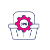 Icon of a shopping basket with a pink gear labeled "CPG" in the center, symbolizing consumer packaged goods in retail and E-commerce.