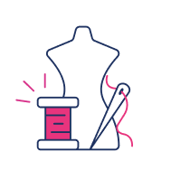 A simple illustration of a dress form, a spool of thread, and a needle with pink thread—perfect for retail or e-commerce branding.