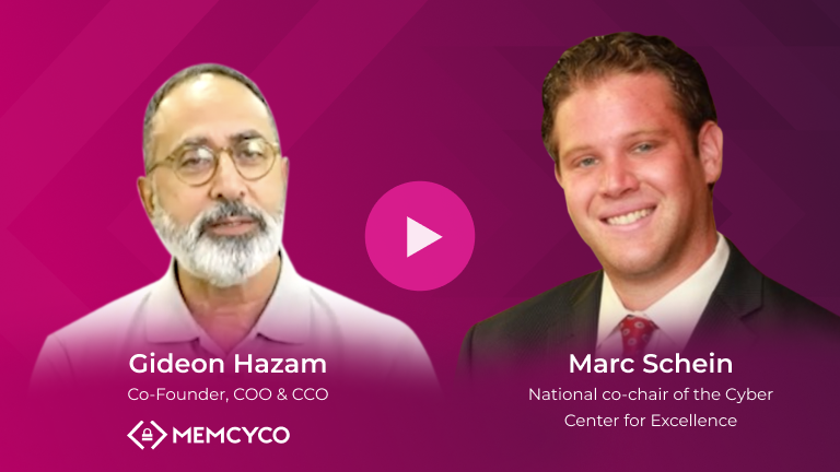 Two men, Gideon Hazam and Marc Schein, are pictured side by side with their names, titles, and the MEMCYCO logo on a purple geometric background. A play button appears in the center, highlighting "Unmasking Cyber Threats: The Rise of Spoofing.