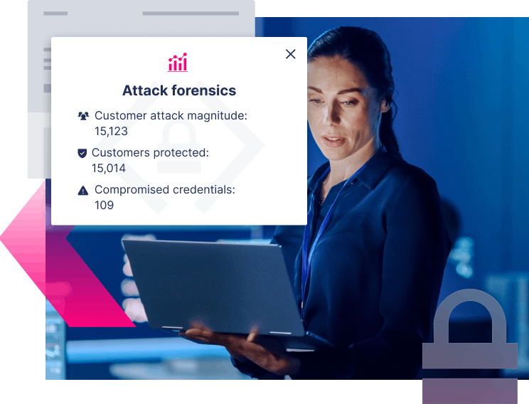 A woman holds a laptop while a screen overlay displays attack forensics data: 15,123 customer attacks, 15,014 customers protected, and 109 compromised credentials—helping businesses stop more ATOs in real time.