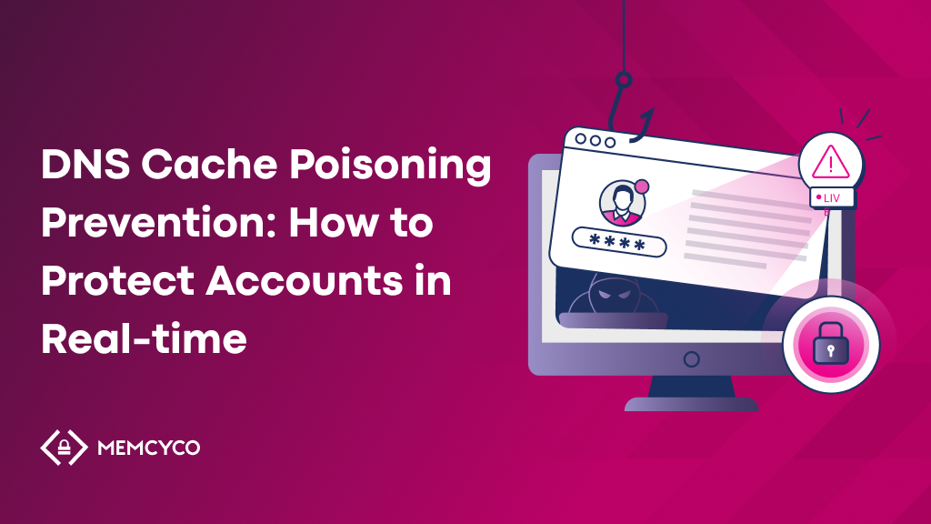 A graphic showing a computer monitor with a phishing hook and warning icon, illustrating DNS cache poisoning prevention and real-time account protection against online threats.