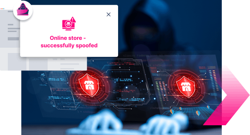 A person in a hoodie types on a keyboard as digital graphics display security warnings and the message "Online store - successfully spoofed," highlighting the need for Digital Impersonation protection.